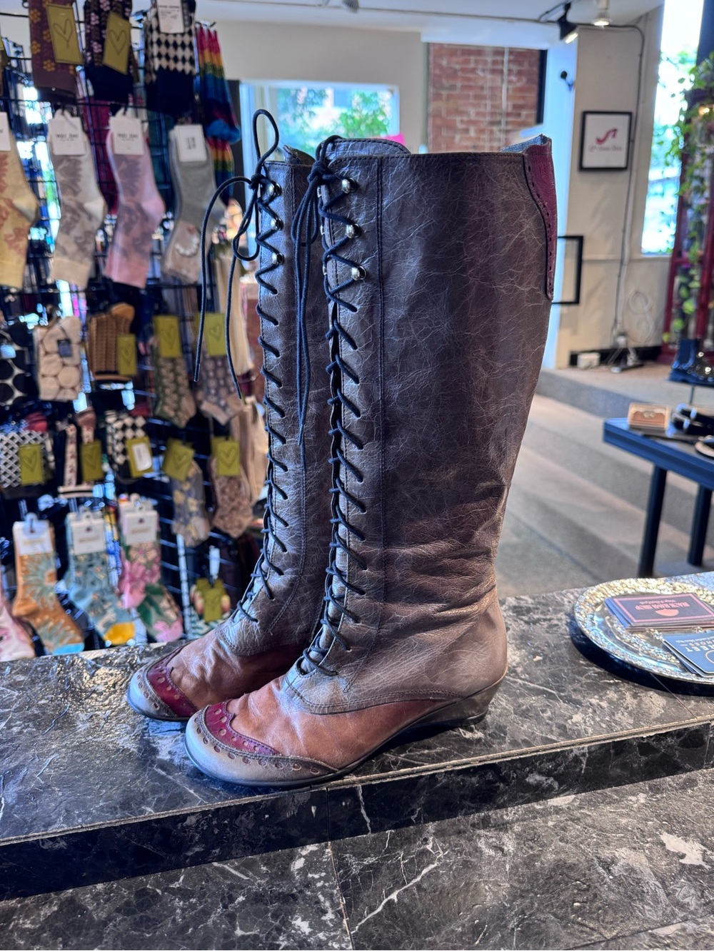 Hispanitas Lace-Up Leather Knee Boot - Grey, taupe and red